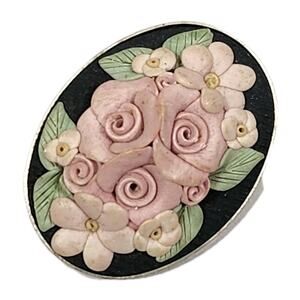 Vtg 80s Floral Flower Oval Pin Brooch 3D Clay Handmade Feminine Artsy Boho